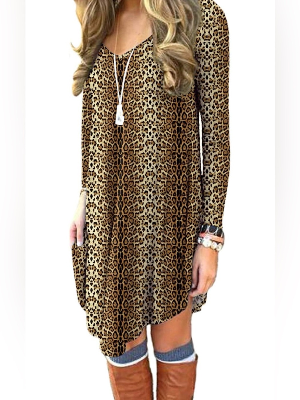 DEARCASE Size L Leopard Print Long Sleeve Swing Dress